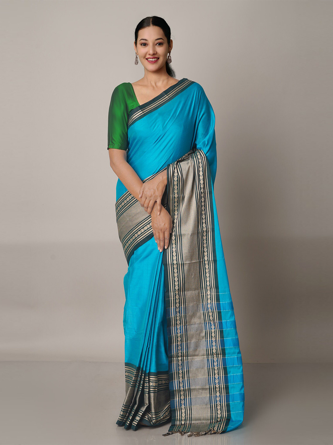 

Unnati Silks Blue & Beige Ethnic Motifs Pure Cotton Narayan Peth Saree