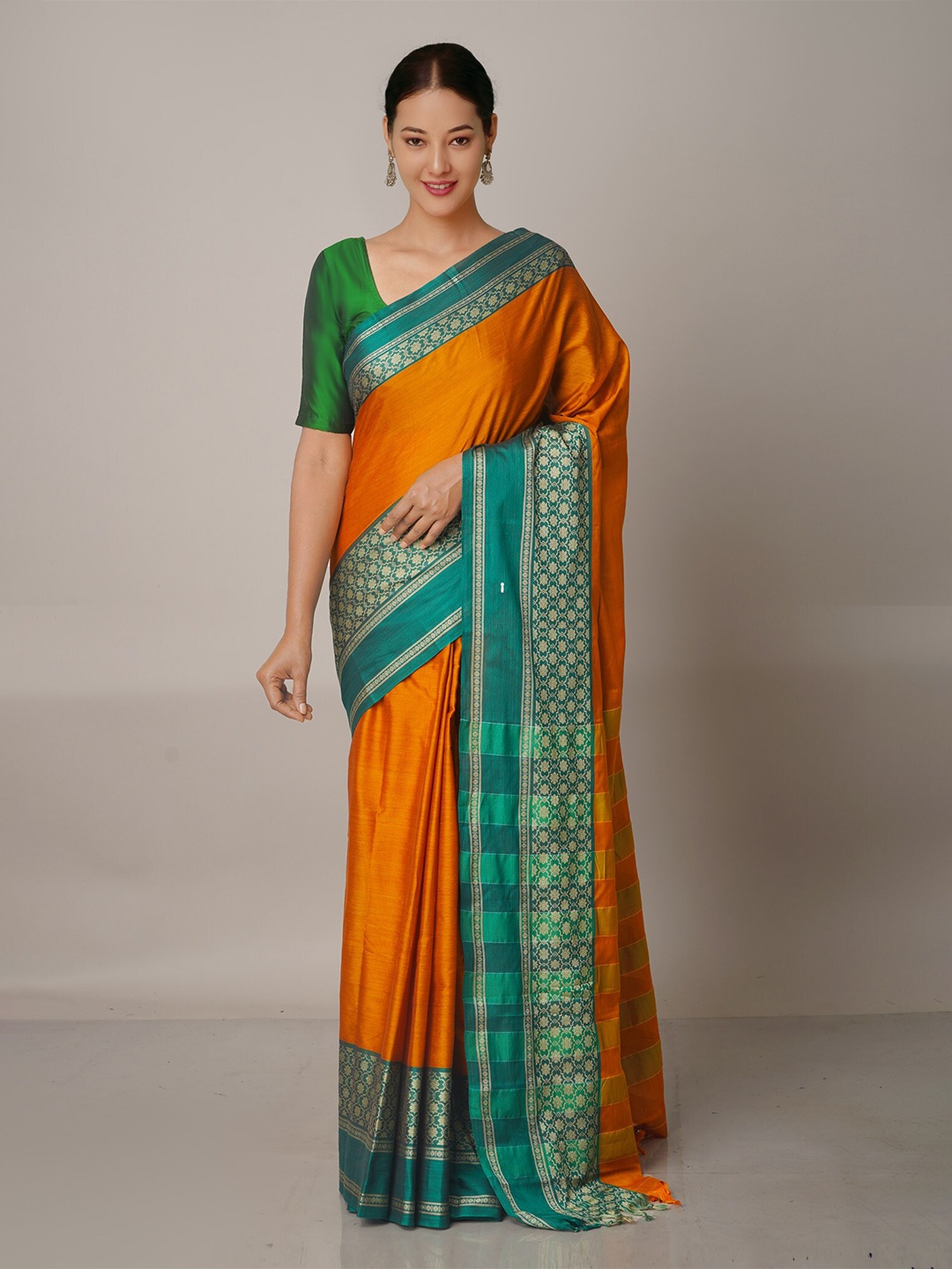 

Unnati Silks Orange & Blue Ethnic Motifs Pure Cotton Narayan Peth Saree