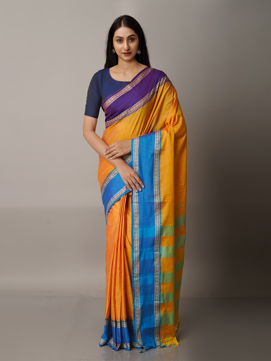 

Unnati Silks Yellow & Blue Pure Cotton Narayan Peth Saree