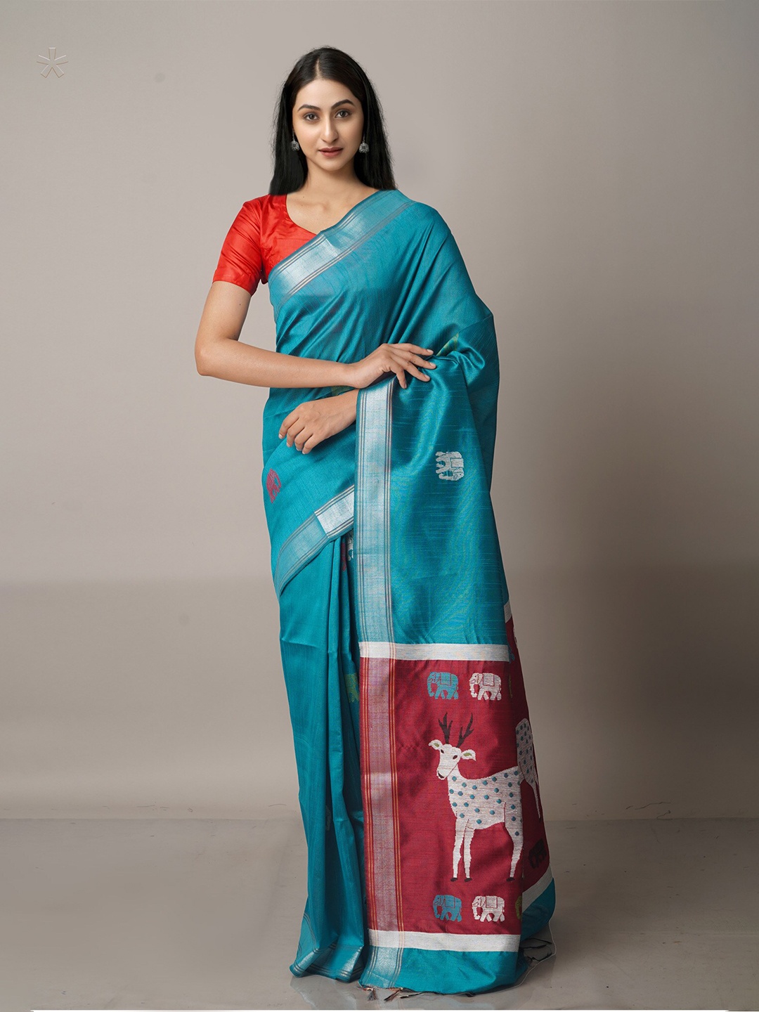 

Unnati Silks Blue & Maroon Ethnic Motifs Zari Silk Blend Jamdani Saree