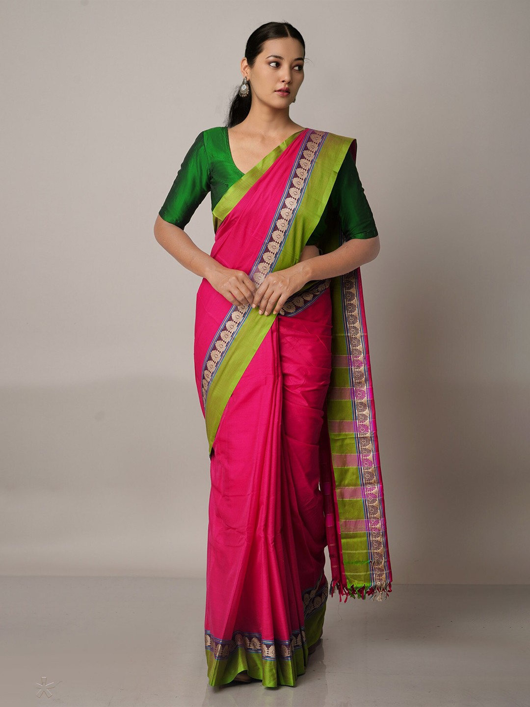 

Unnati Silks Pink & Green Woven Design Zari Pure Cotton Saree