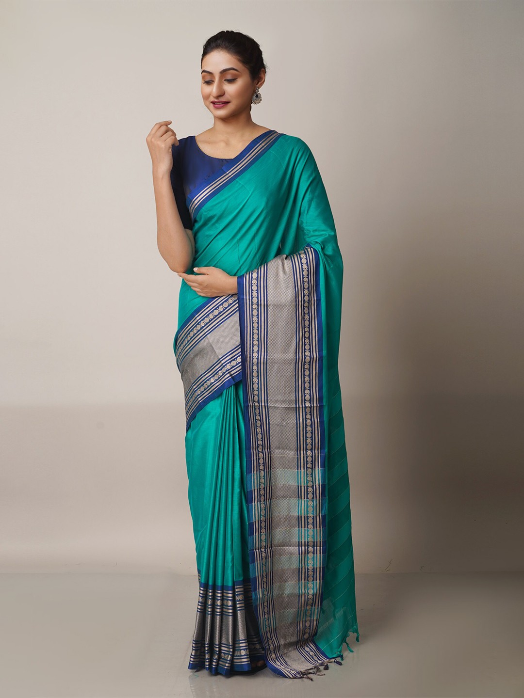 

Unnati Silks Turquoise Blue & Blue Zari Pure Cotton Narayan Peth Saree