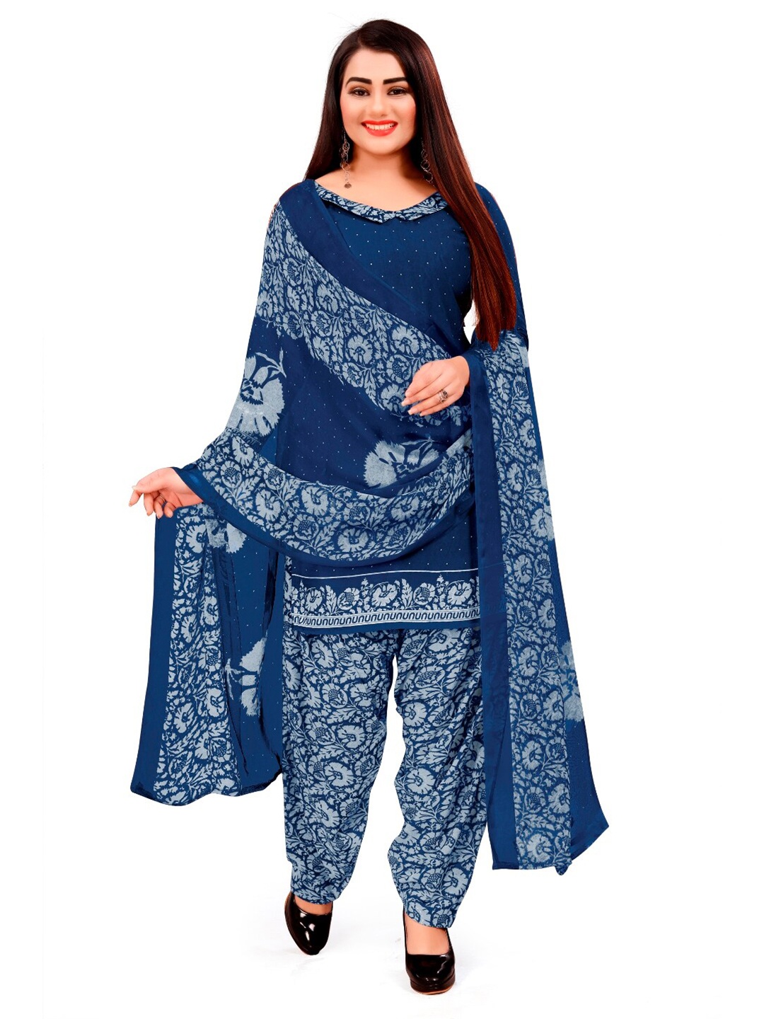 

INDIAN HERITAGE Navy Blue & White Printed Unstitched Dress Material