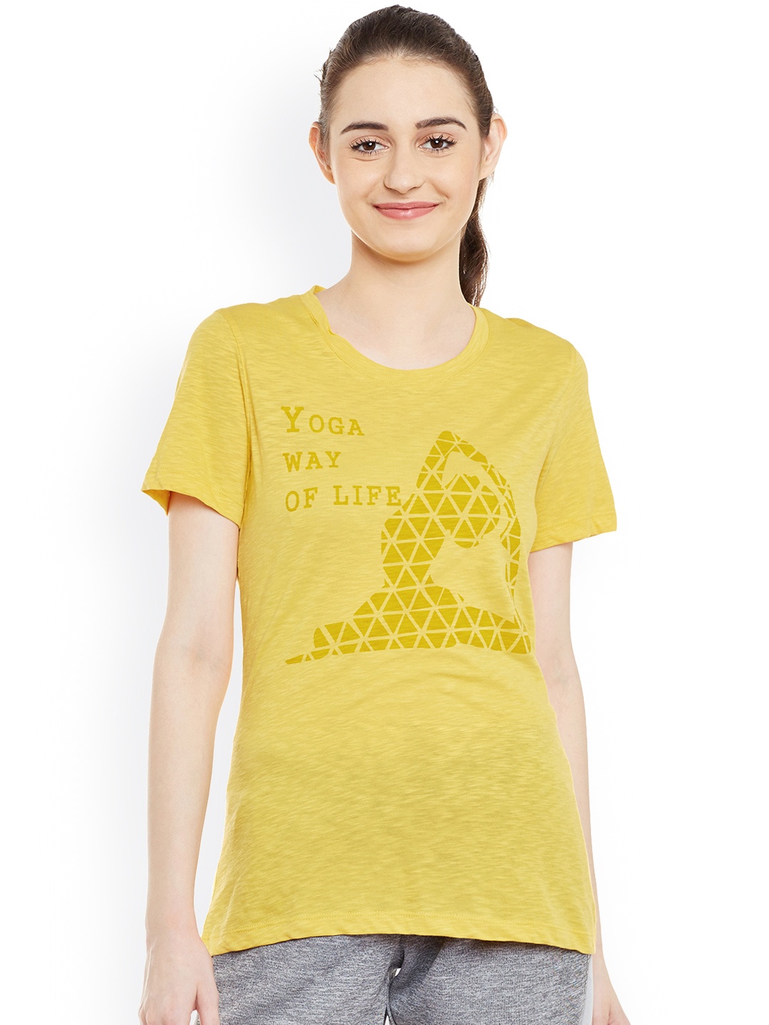

Alcis Women Yellow Printed Slim Fit Round Neck T-shirt