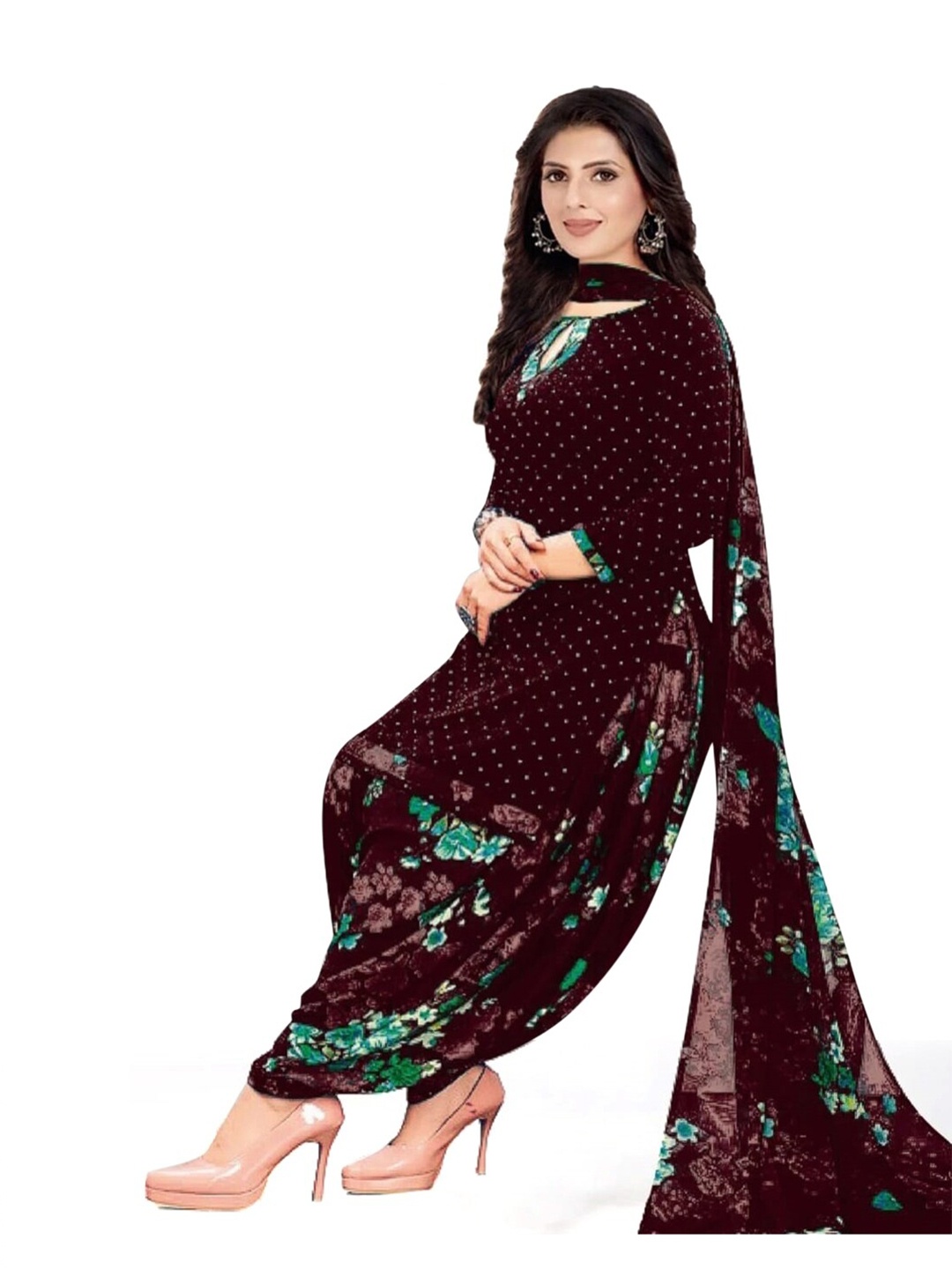 

INDIAN HERITAGE Brown & Green Printed Unstitched Dress Material