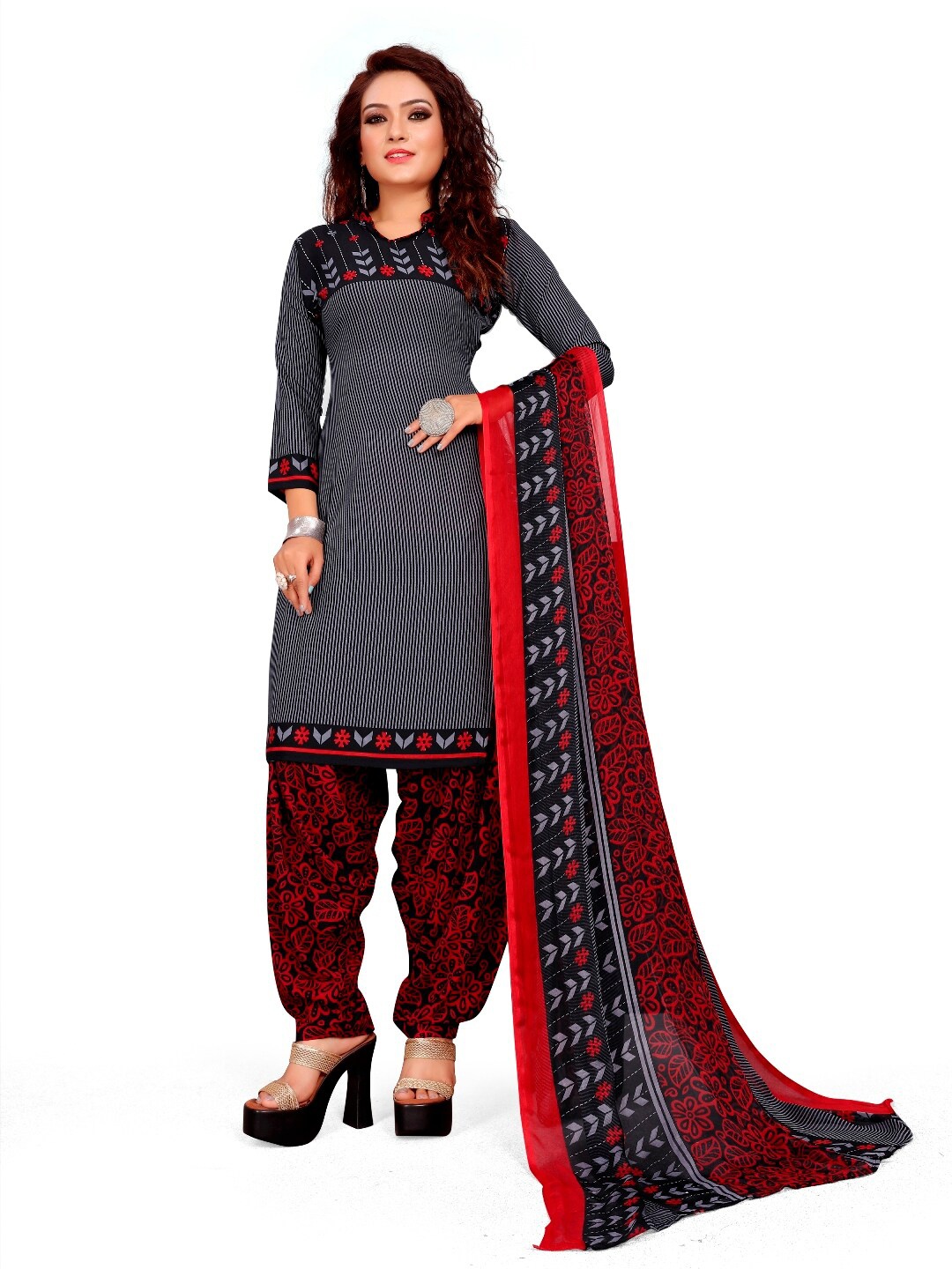 

INDIAN HERITAGE Black & Red Printed Unstitched Dress Material
