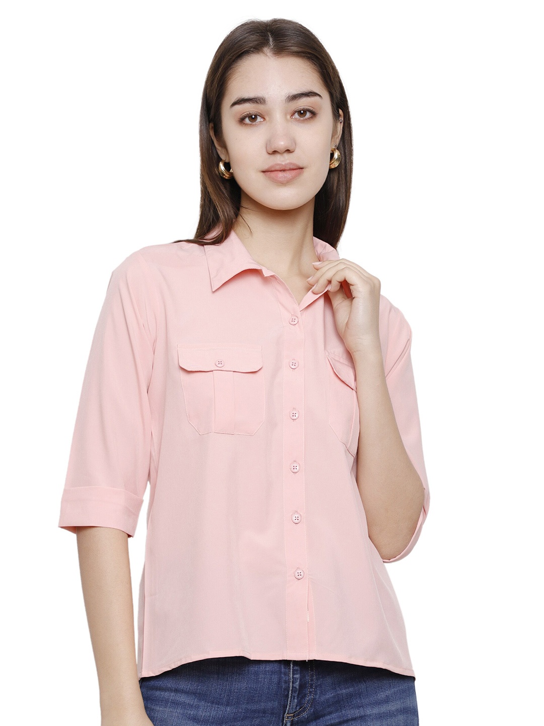 

DECHEN Women Pink Solid Polyester Casual Shirt