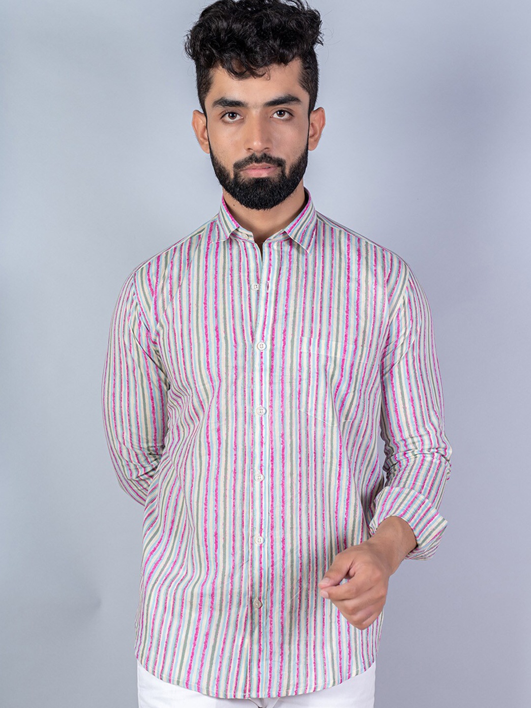 

Tistabene Men Cream-Coloured & Purple Striped Casual Shirt