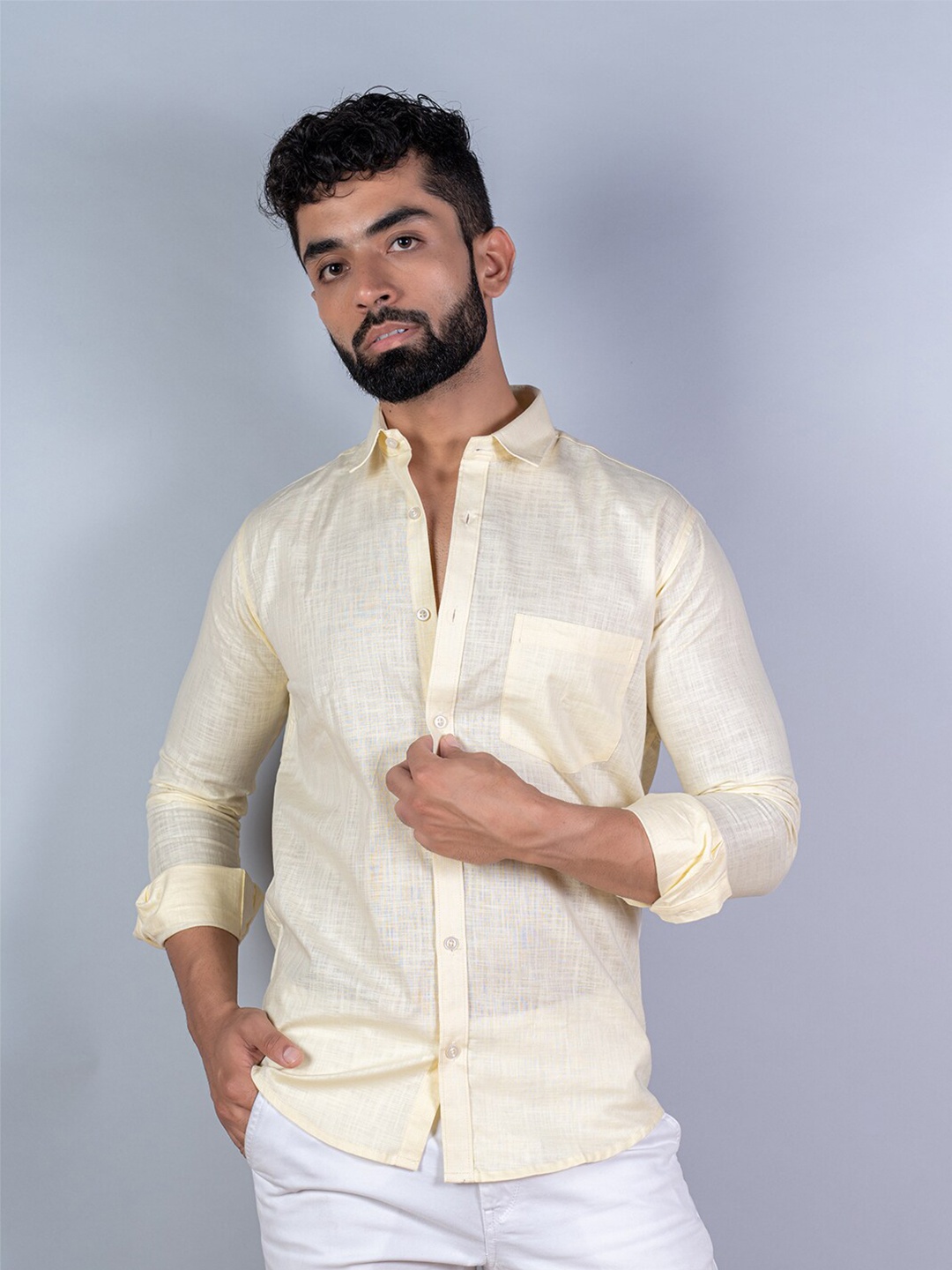 

Tistabene Men Yellow Linen Casual Shirt