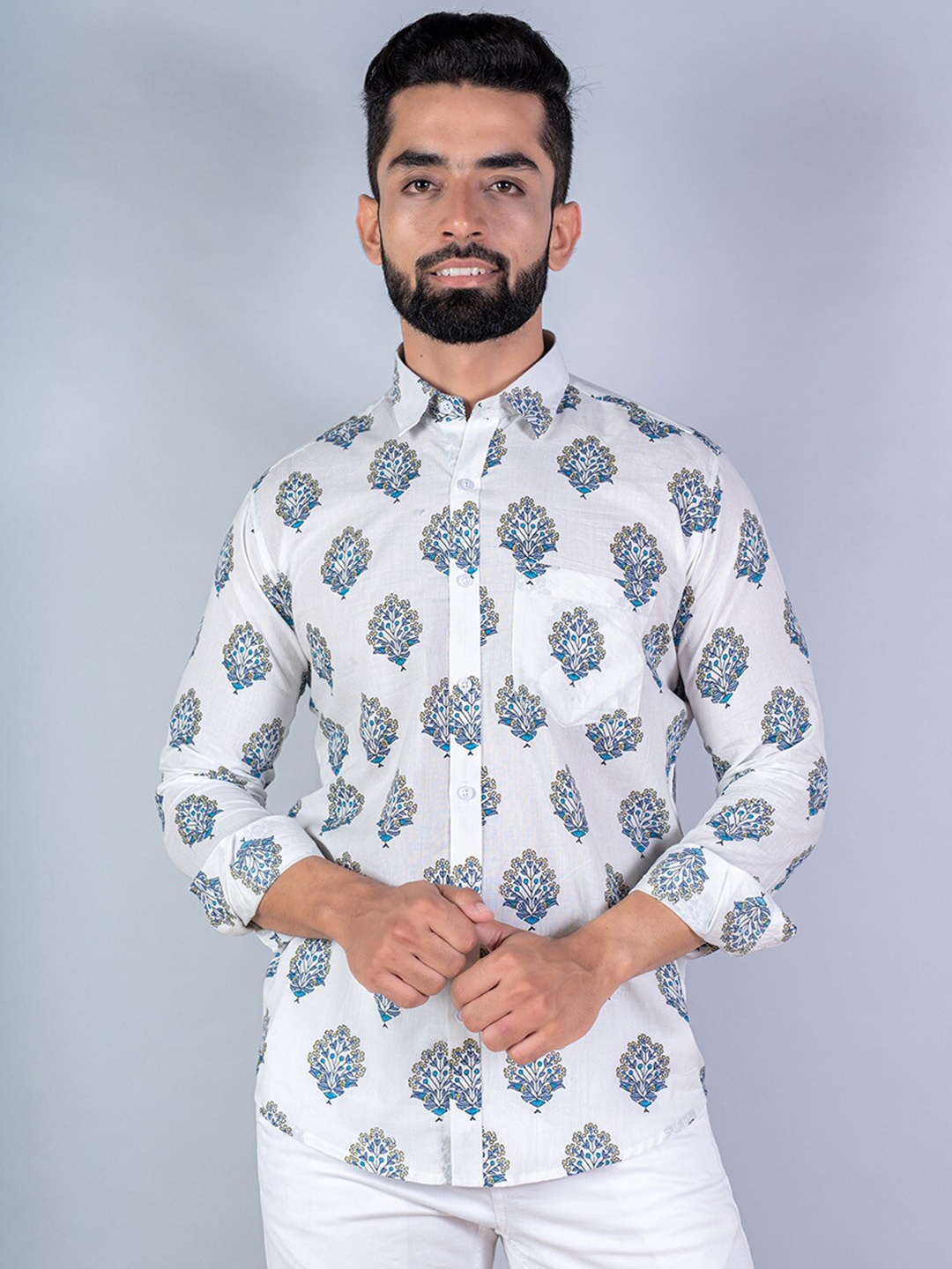 

Tistabene Men White Printed Cotton Casual Shirt