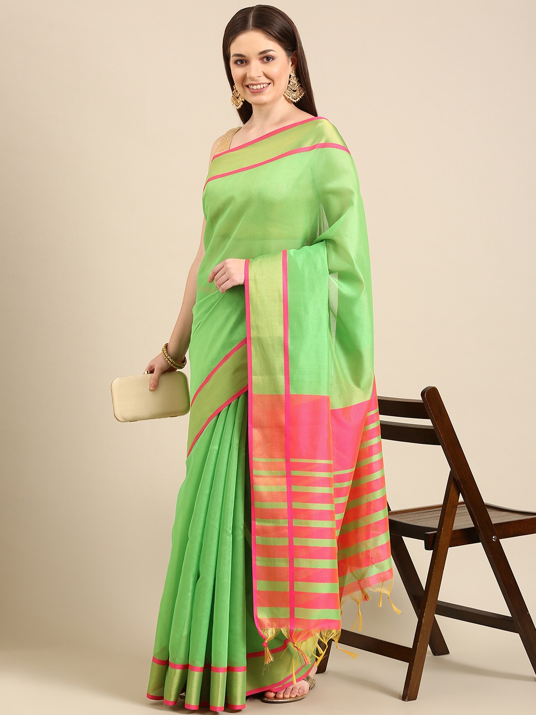 

Anouk Green & Pink Chanderi Saree