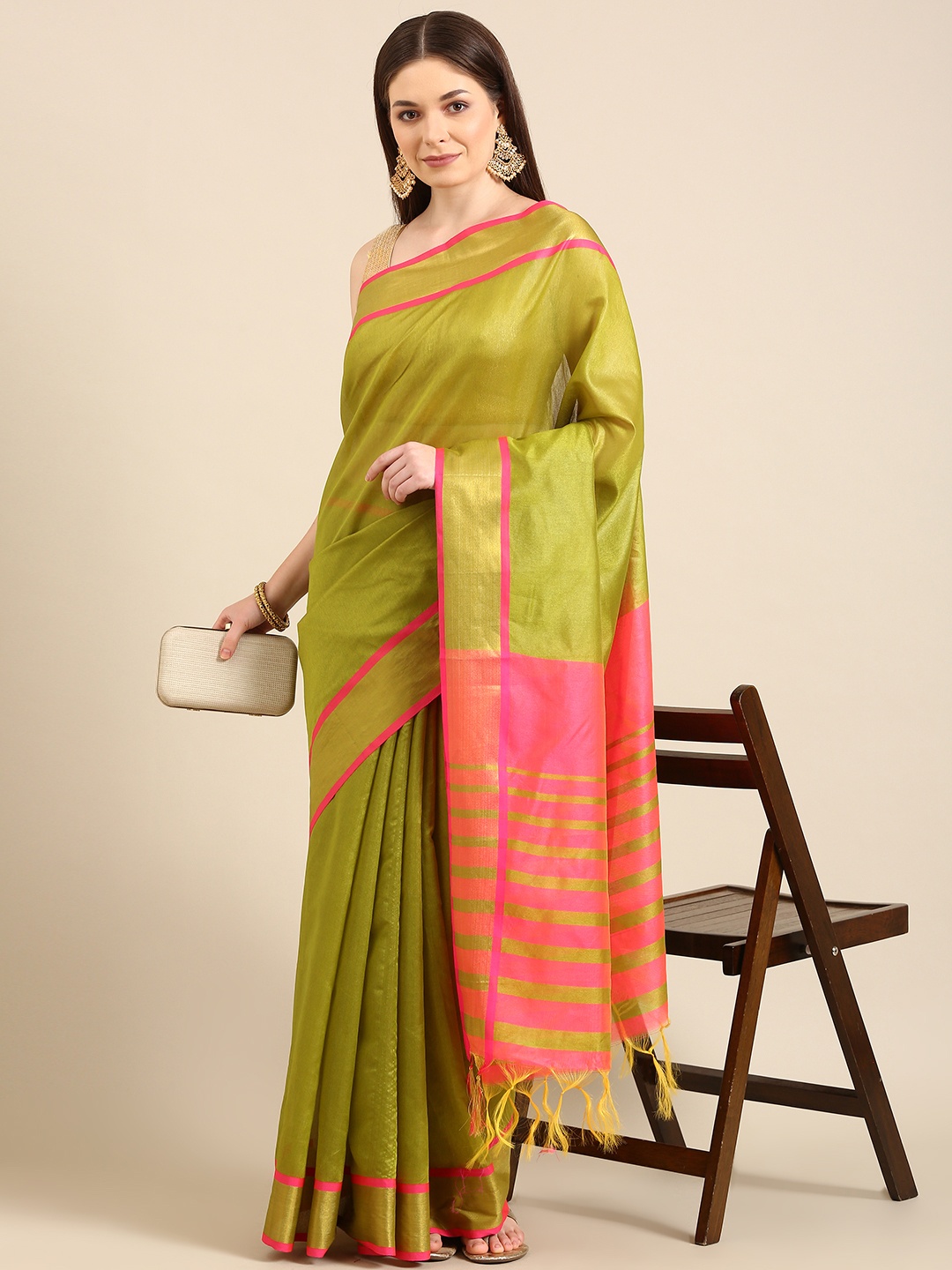 

Anouk Olive Green & Pink Chanderi Saree