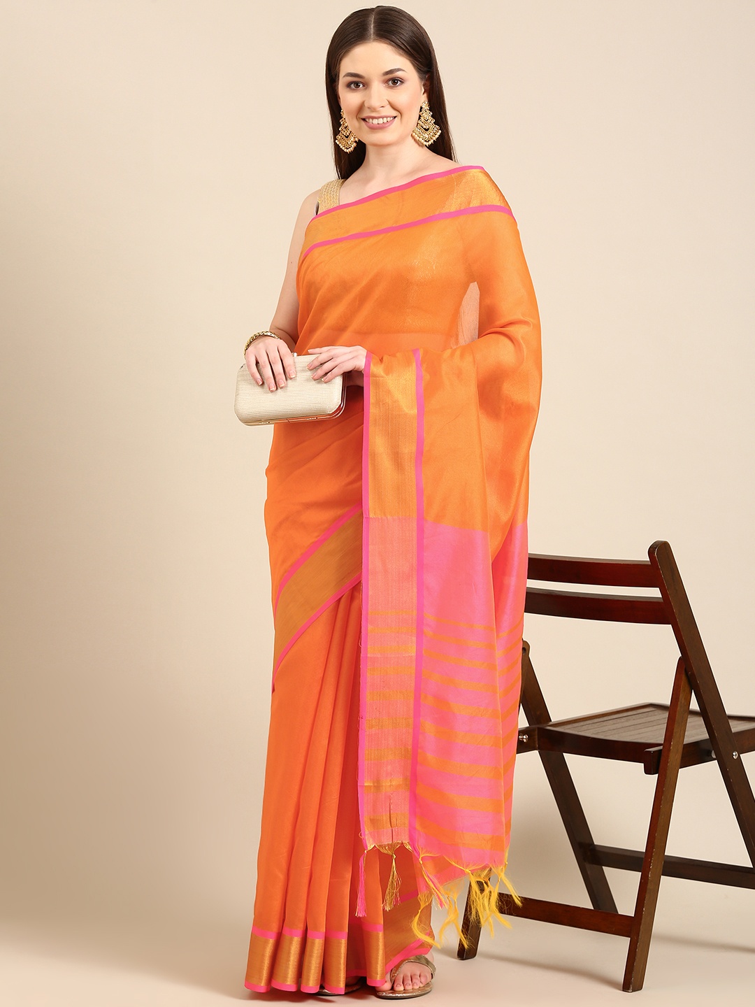 

Anouk Orange & Pink Chanderi Saree