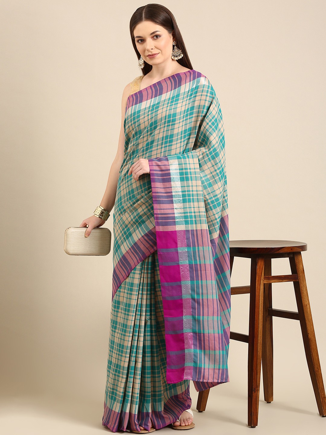 

Anouk Sea Green & Beige Checked Pure Cotton Saree