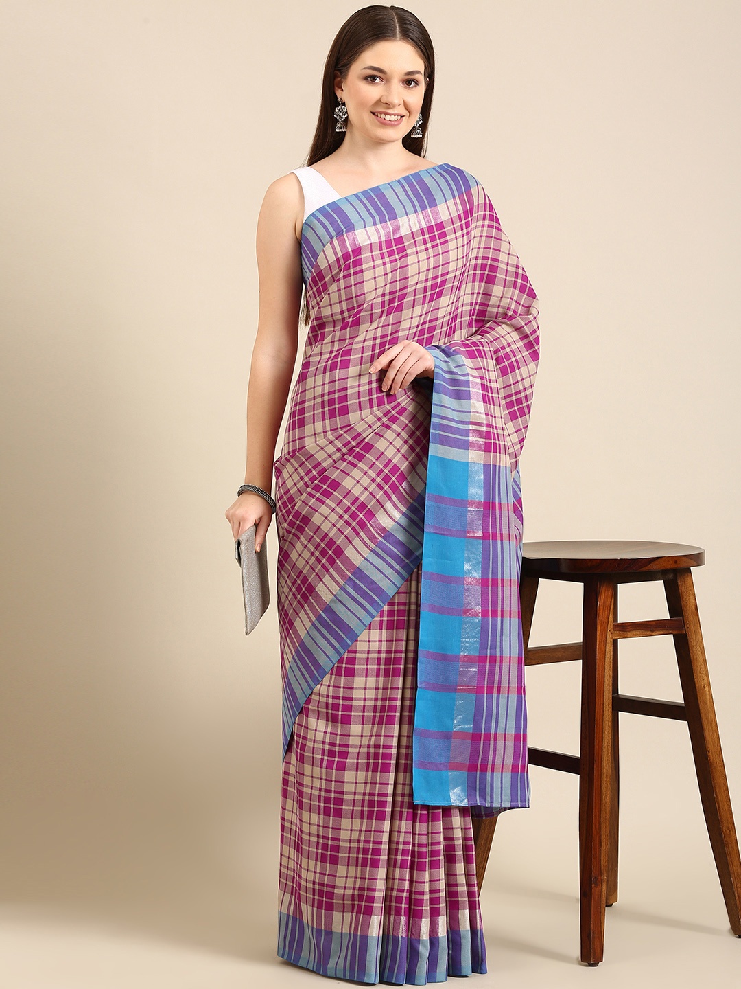 

Anouk Pink & Beige Checked Pure Cotton Saree