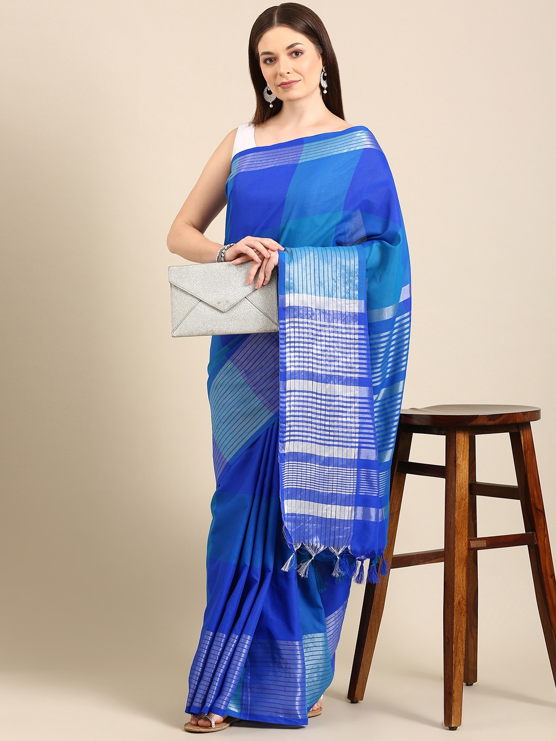 

Anouk Blue Checked Zari Pure Cotton Saree