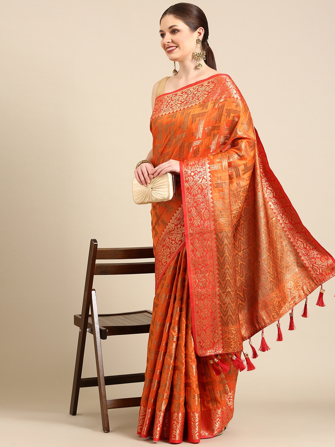 

Anouk Orange & Gold-Toned Woven Design Zari Silk Cotton Banarasi Saree