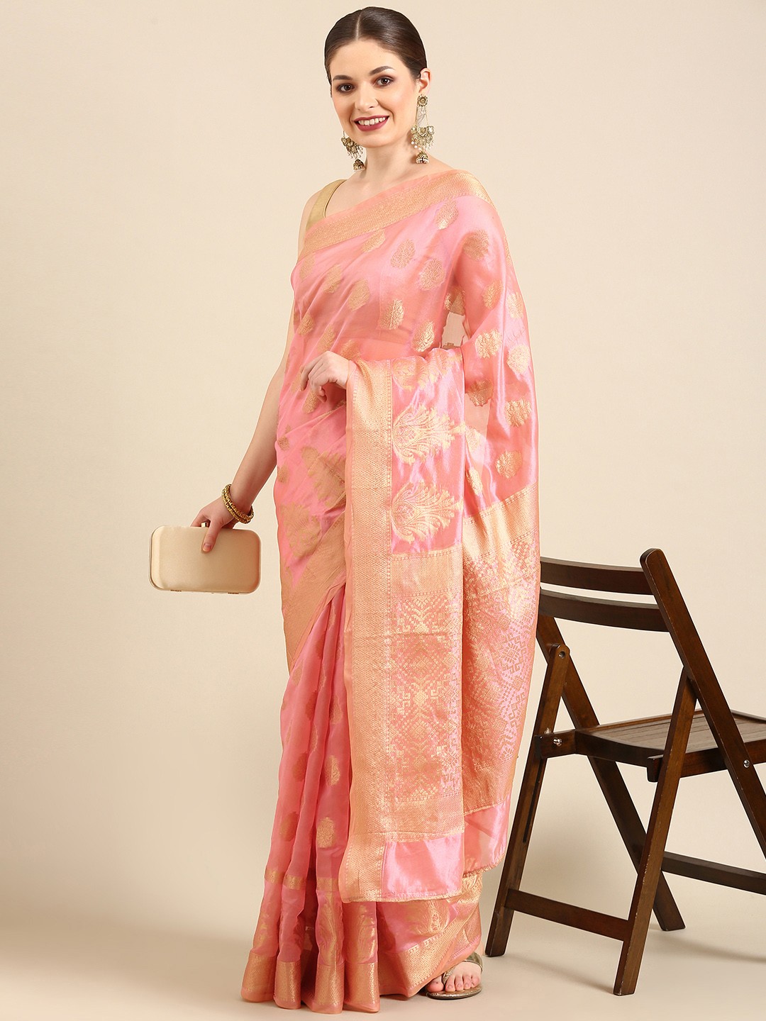 

Anouk Pink & Rose Gold Ethnic Motifs Zari Silk Cotton Banarasi Saree