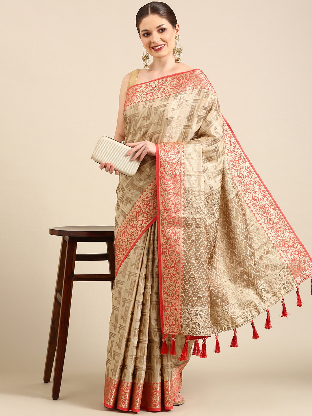 

Anouk Beige & Red Woven Design Zari Silk Cotton Banarasi Saree