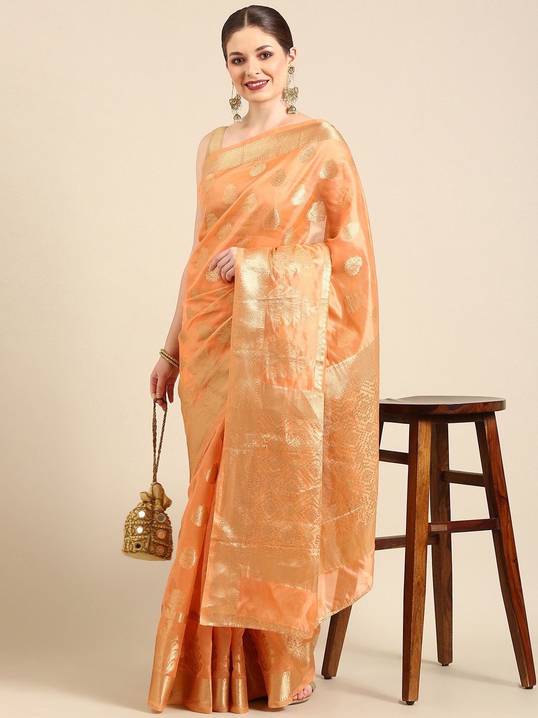 

Anouk Orange & Gold-Toned Woven Design Zari Silk Cotton Banarasi Saree