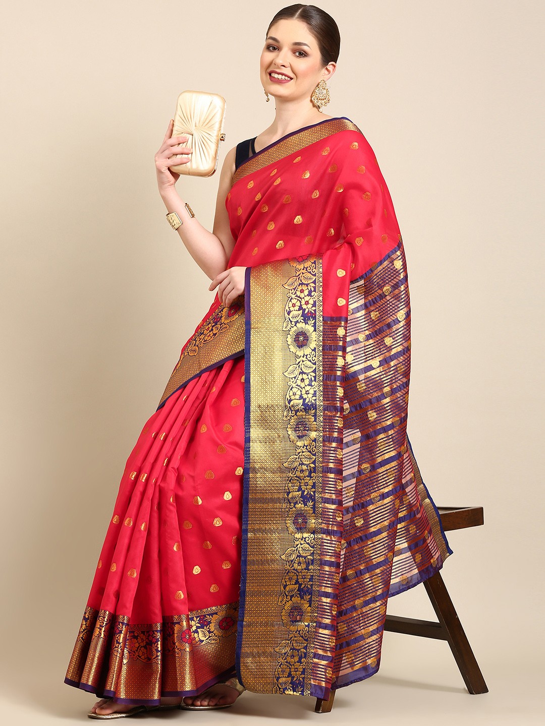 

Anouk Red & Navy Blue Ethnic Motifs Zari Silk Blend Kanjeevaram Saree