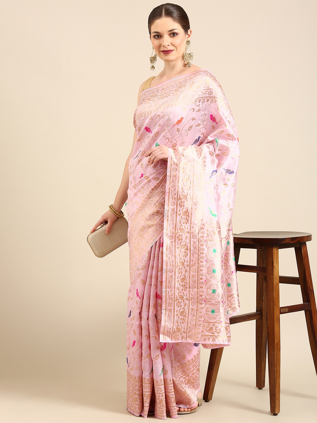

Anouk Pink & Gold-Toned Ethnic Motifs Zari Silk Cotton Banarasi Saree
