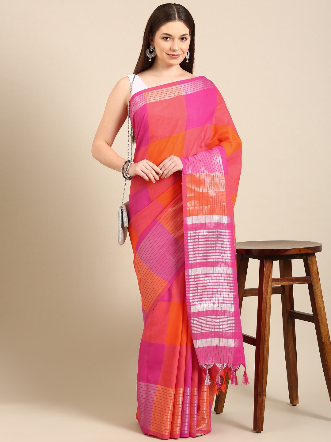 

Anouk Pink & Orange Checked Zari Pure Cotton Saree