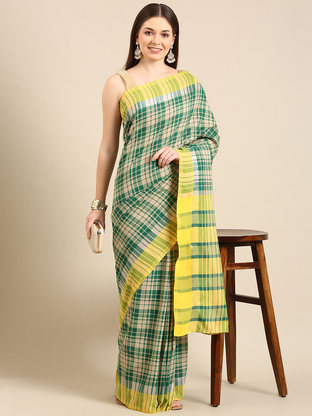 

Anouk Green & Yellow Checked Pure Cotton Saree