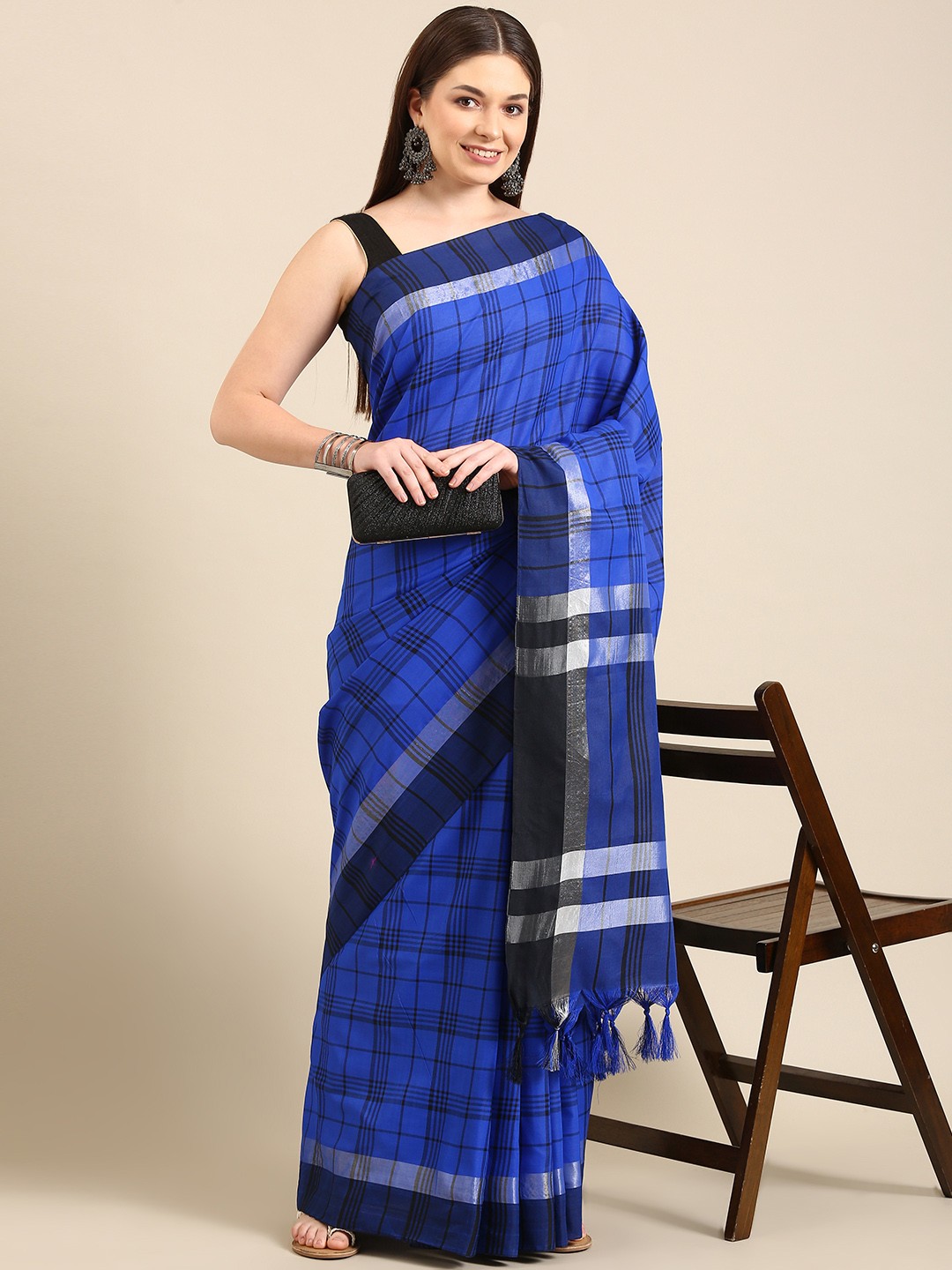 

Anouk Blue Checked Pure Cotton Saree