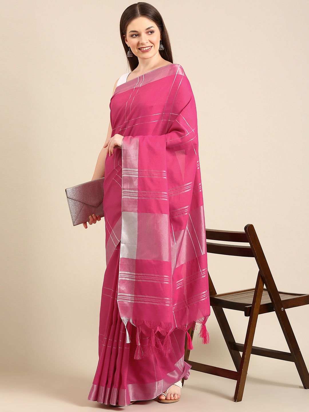 

Anouk Fuchsia & Silver-Toned Checked Pure Cotton Saree