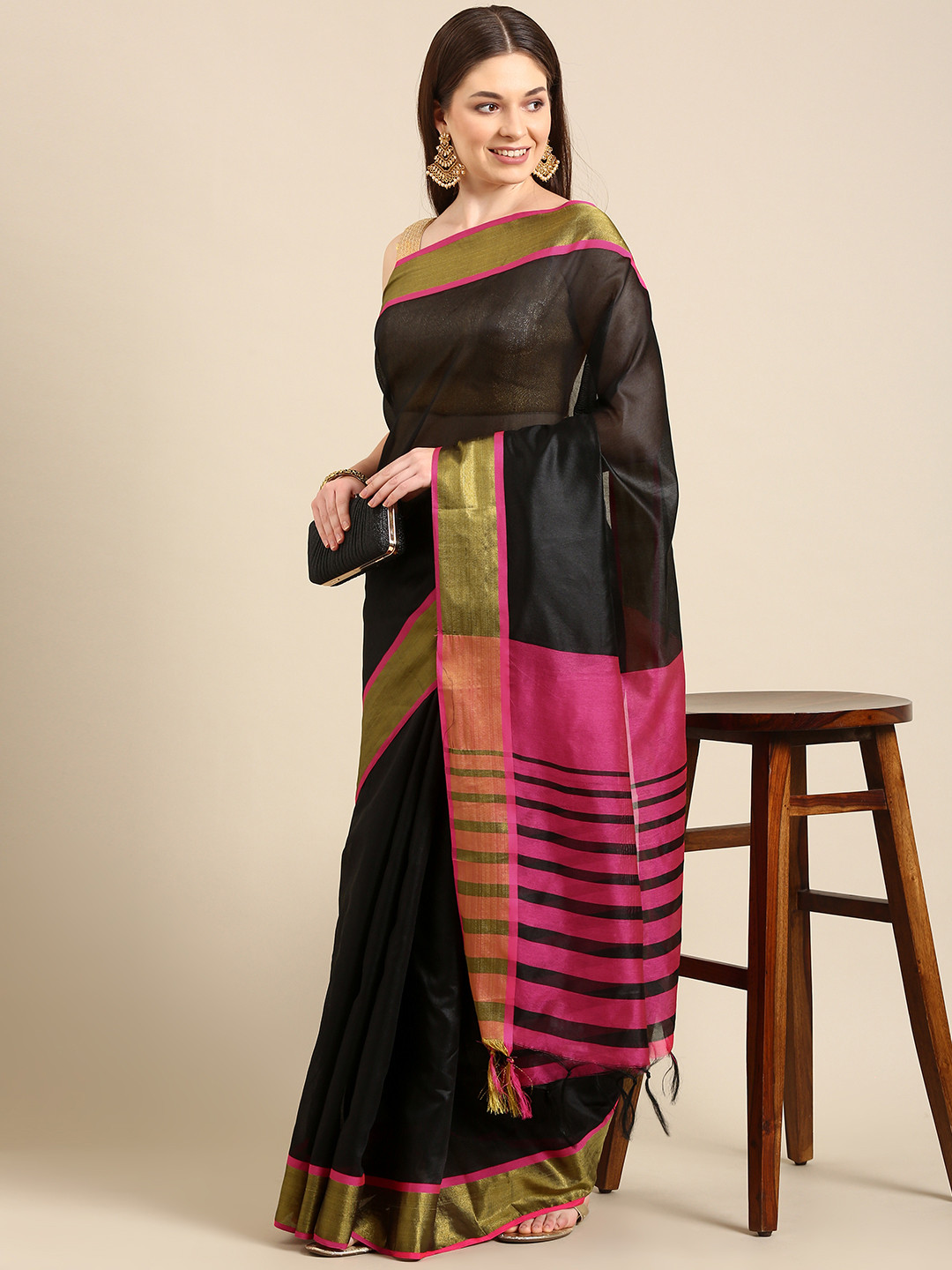 

Anouk Black & Pink Chanderi Saree