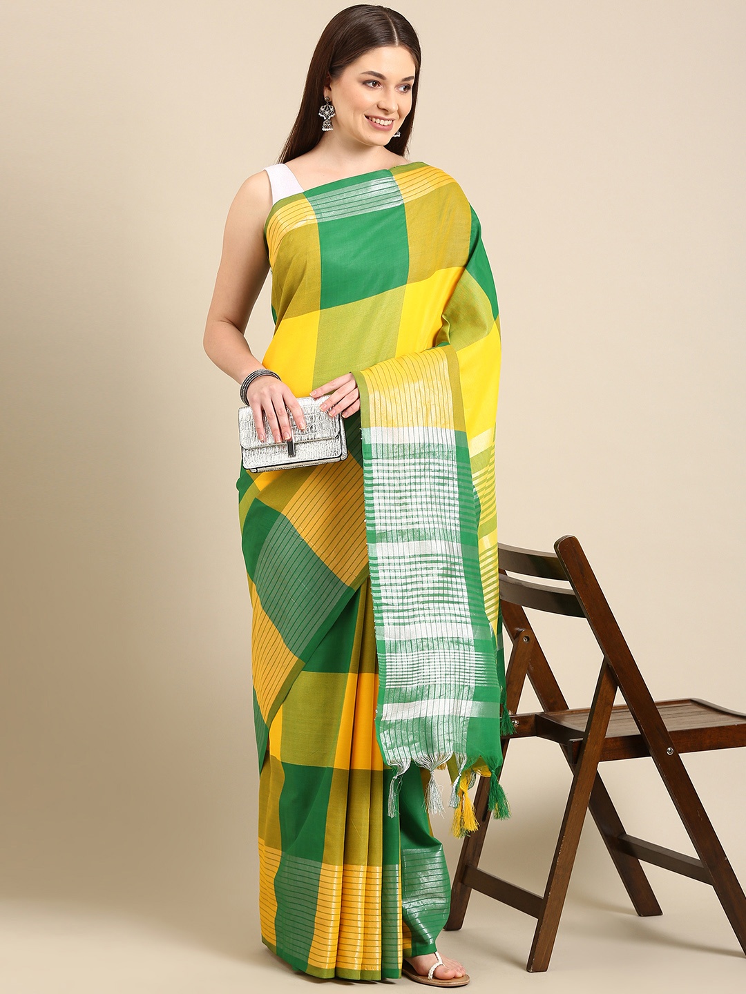 

Anouk Green & Yellow Checked Zari Pure Cotton Saree