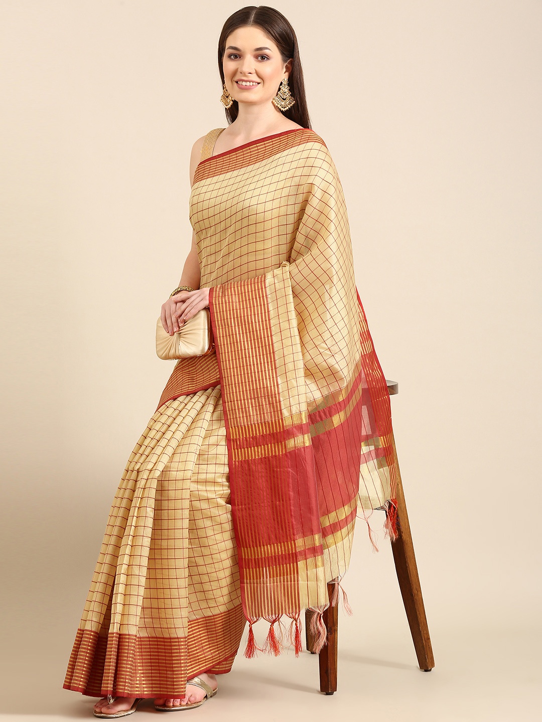 

Anouk Beige & Red Checked Chanderi Saree