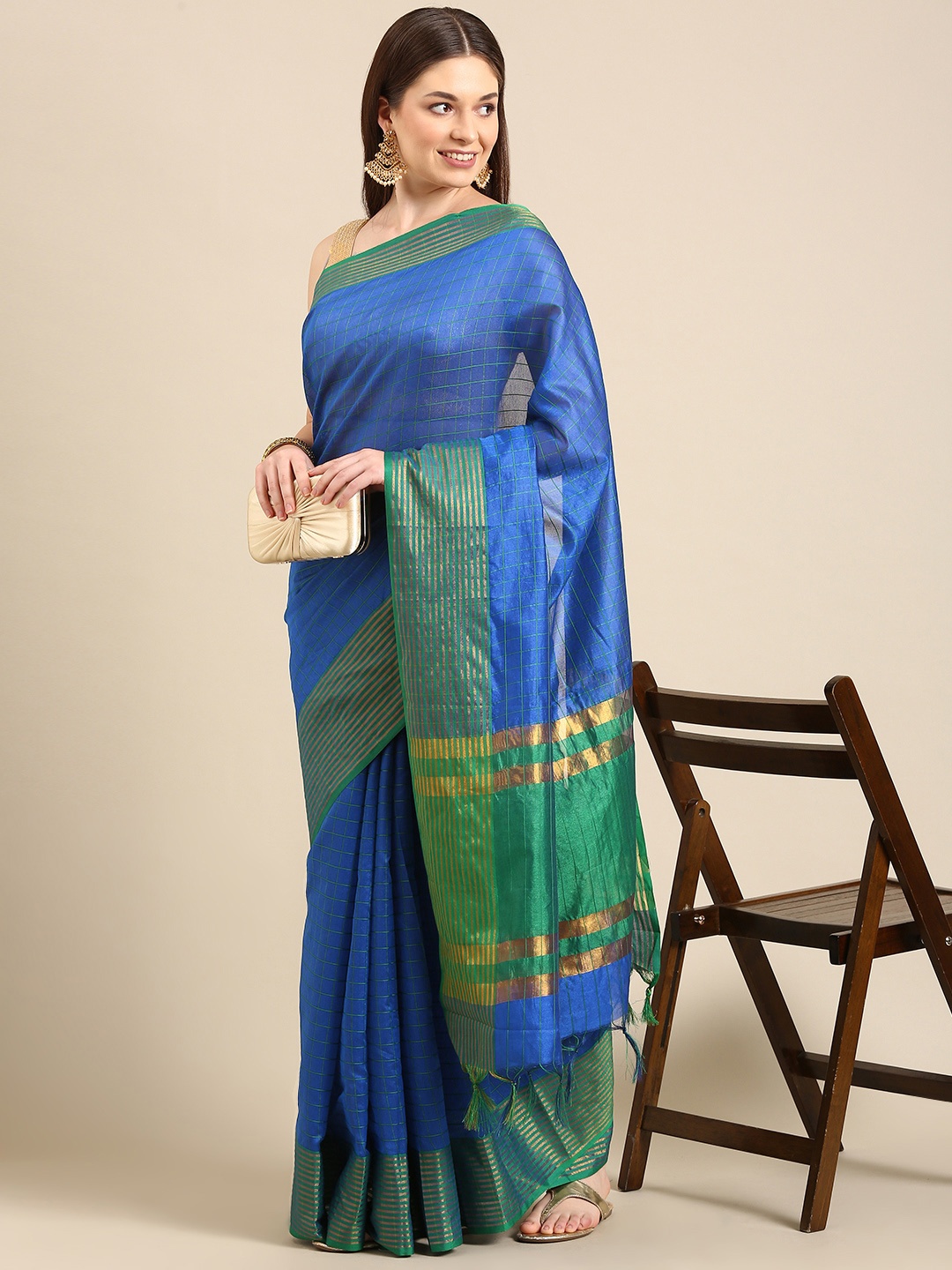 

Anouk Blue & Green Checked Zari Chanderi Saree