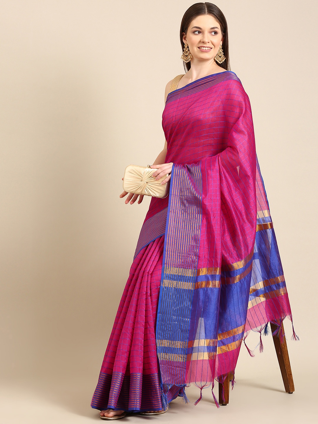 

Anouk Magenta & Blue Checked Zari Chanderi Saree