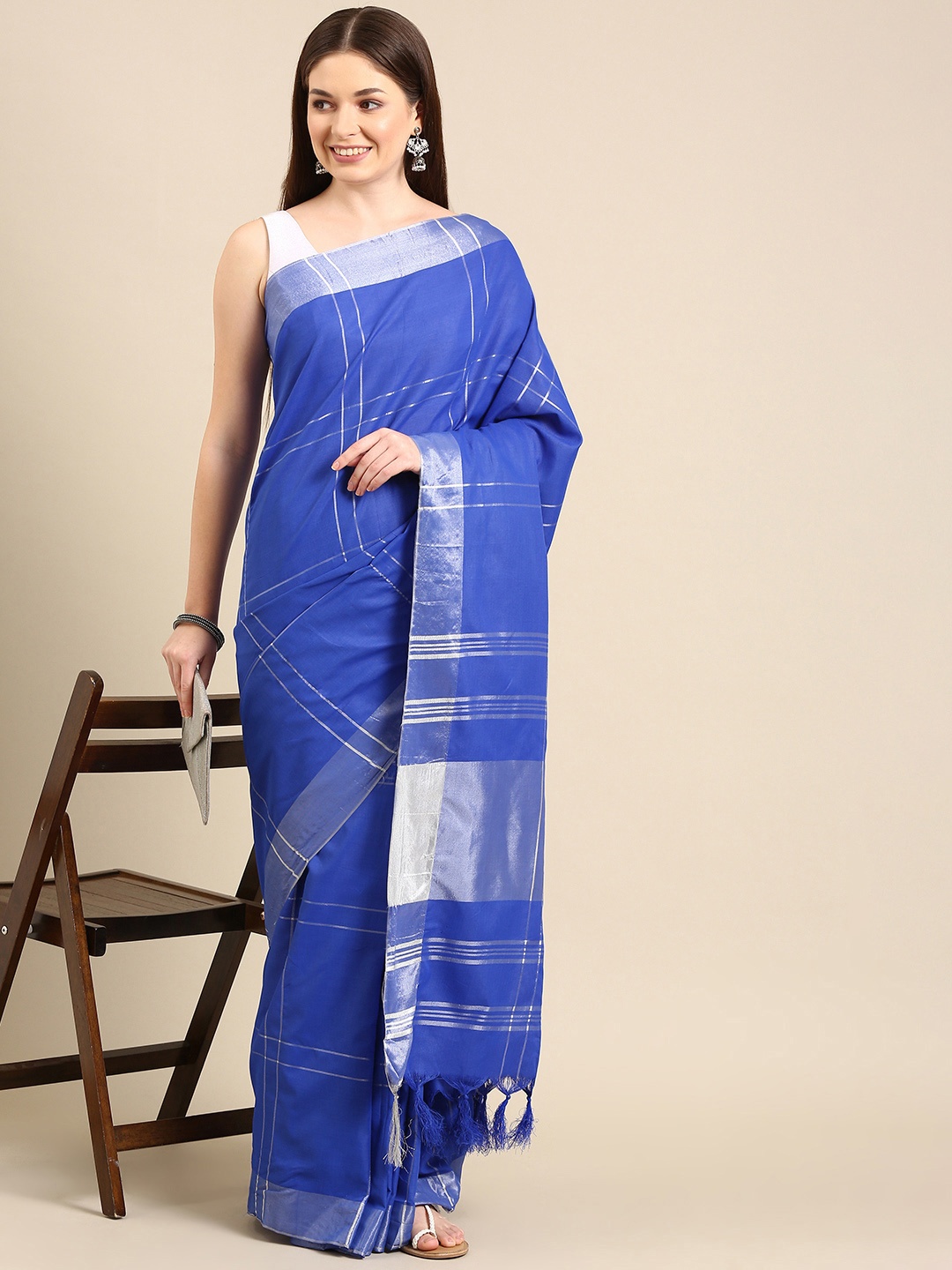 

Anouk Blue Checked Pure Cotton Saree