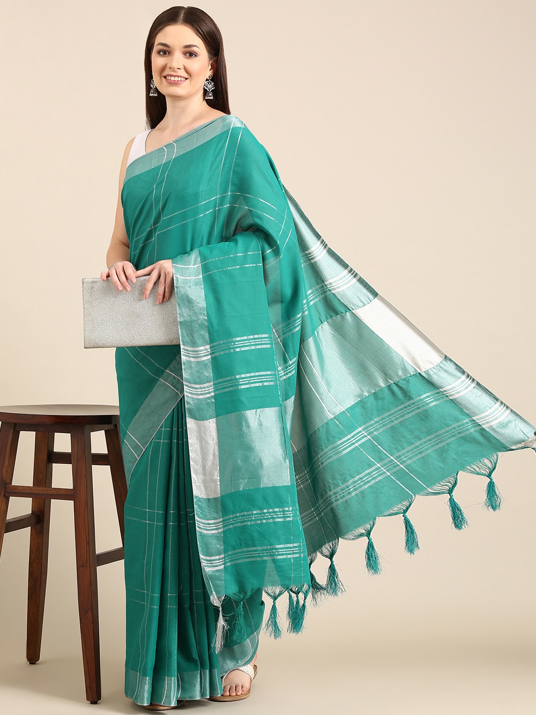 

Anouk Sea Green Checked Pure Cotton Saree