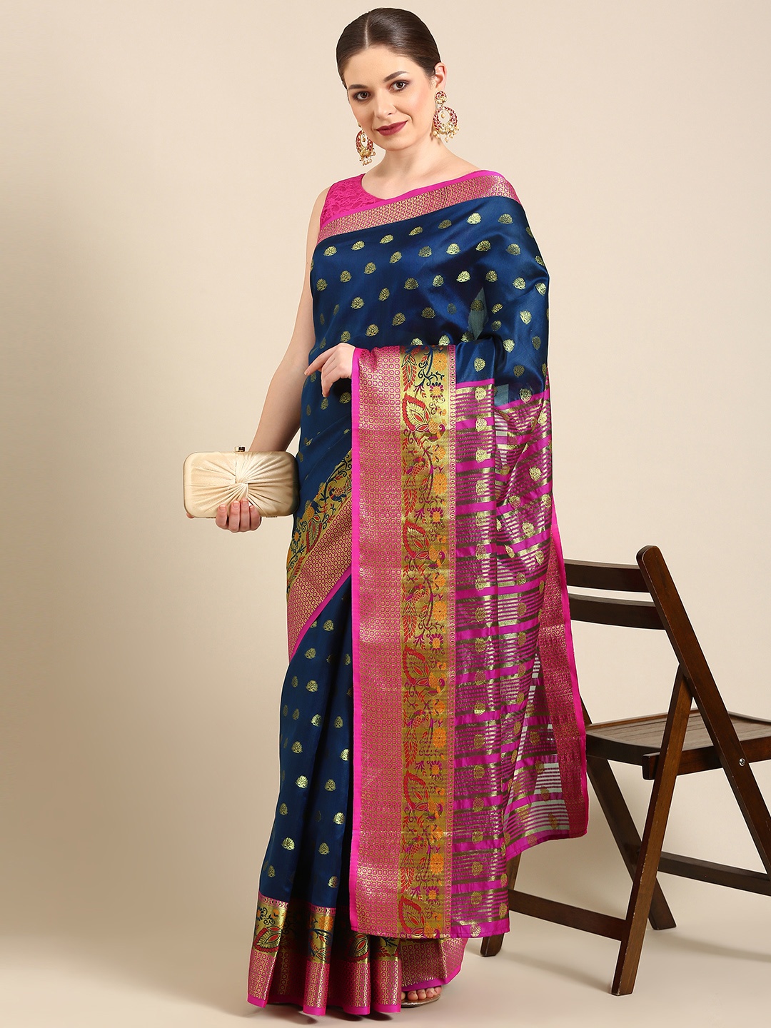 

Anouk Navy Blue & Pink Ethnic Motifs Zari Silk Blend Kanjeevaram Saree