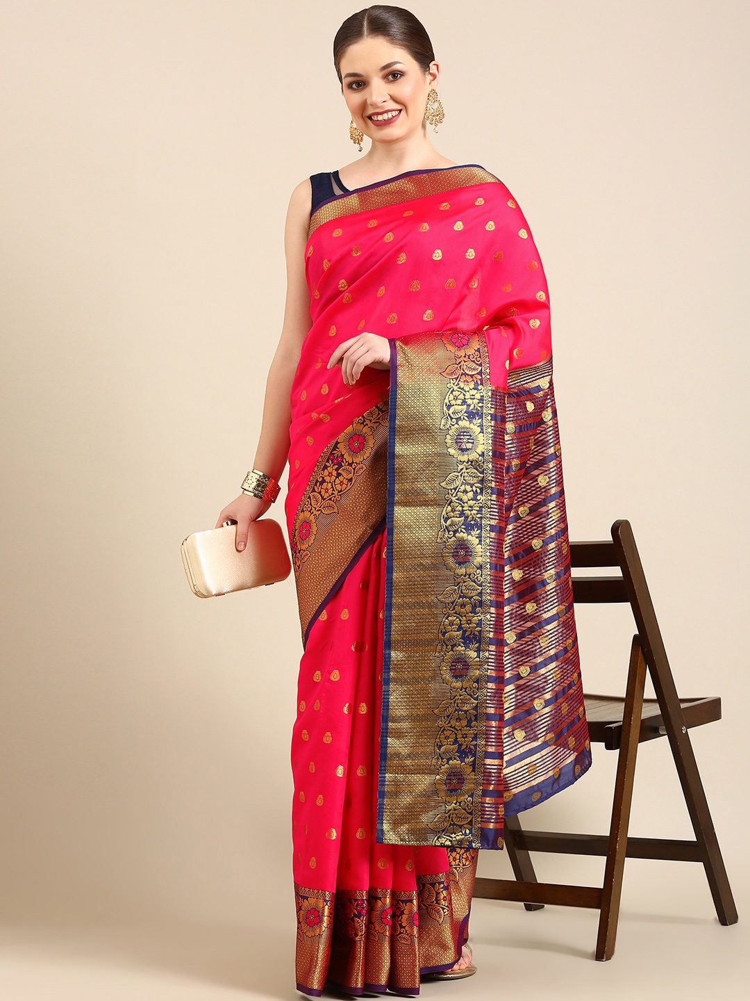 

Anouk Fuchsia & Navy Blue Ethnic Motifs Zari Silk Blend Kanjeevaram Saree