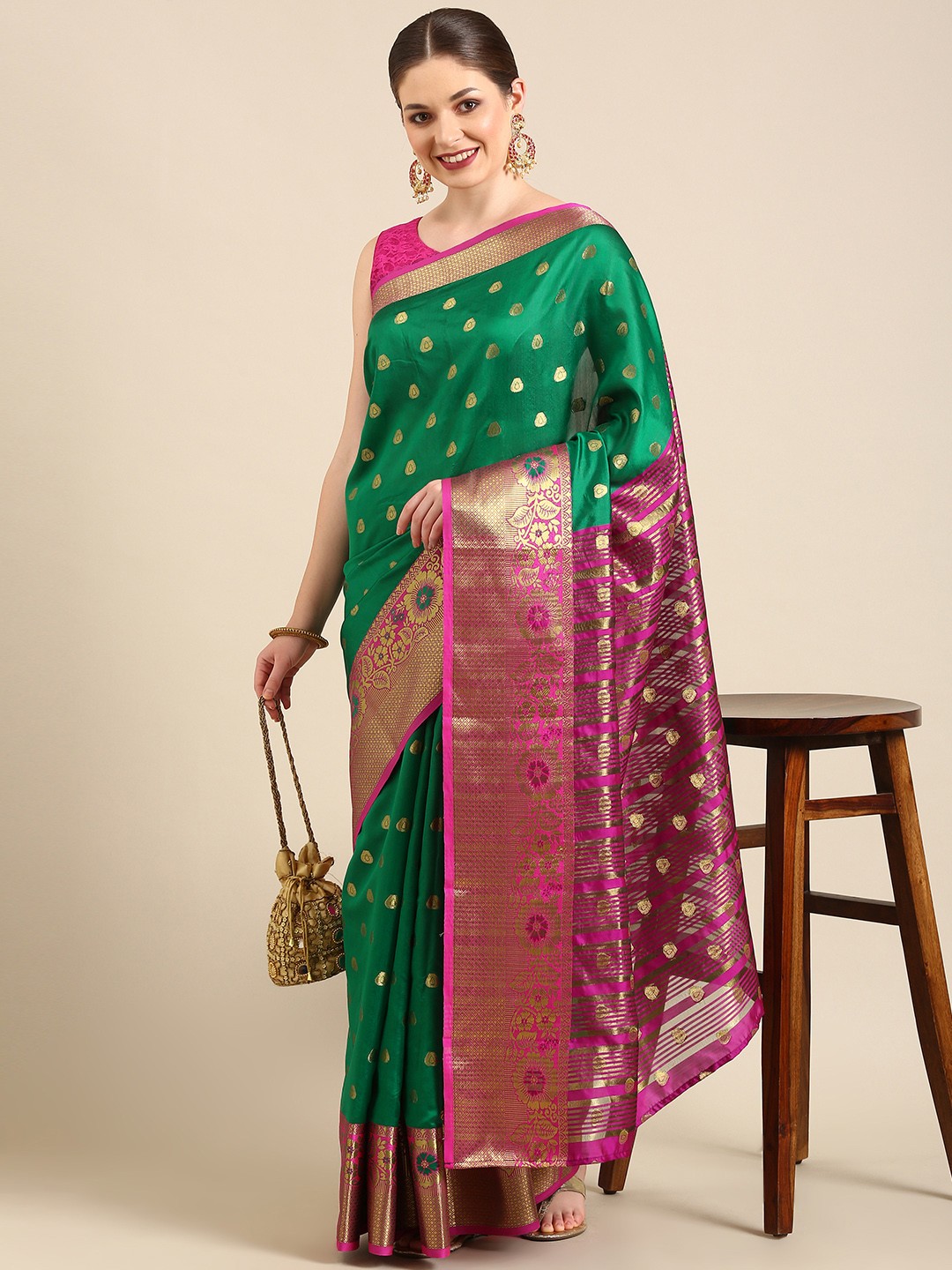 

Anouk Green & Pink Ethnic Motifs Zari Silk Blend Kanjeevaram Saree