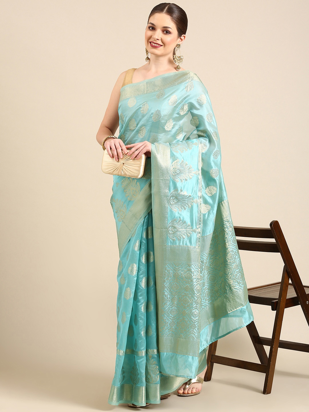 

Anouk Turquoise Blue Ethnic Motifs Zari Silk Cotton Banarasi Saree