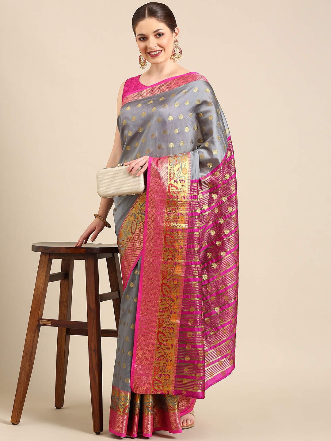 

Anouk Grey & Pink Ethnic Motifs Zari Silk Blend Kanjeevaram Saree