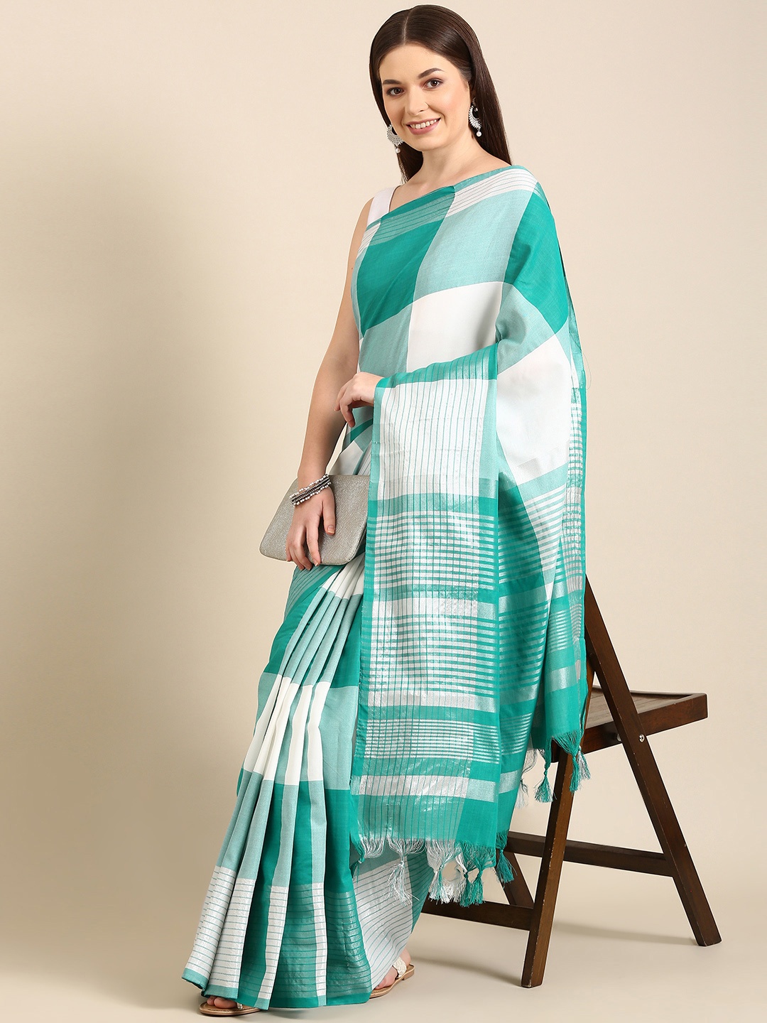 

Anouk Teal Checked Zari Pure Cotton Saree