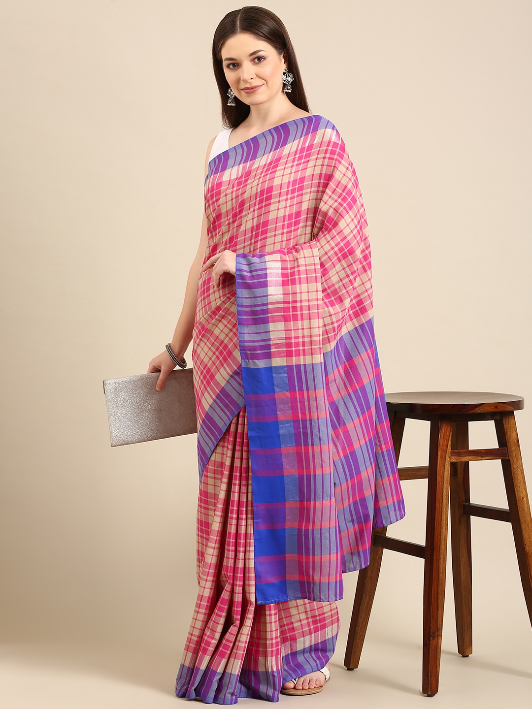

Anouk Beige & Pink Checked Pure Cotton Saree