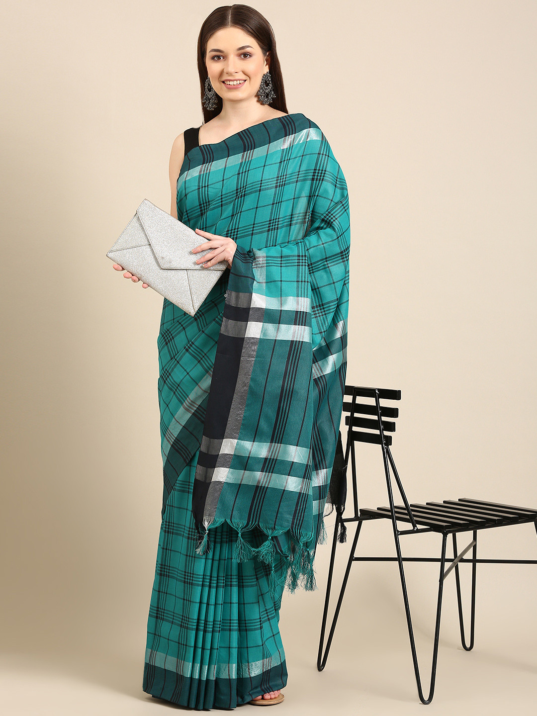 

Anouk Sea Green & Black Checked Pure Cotton Saree