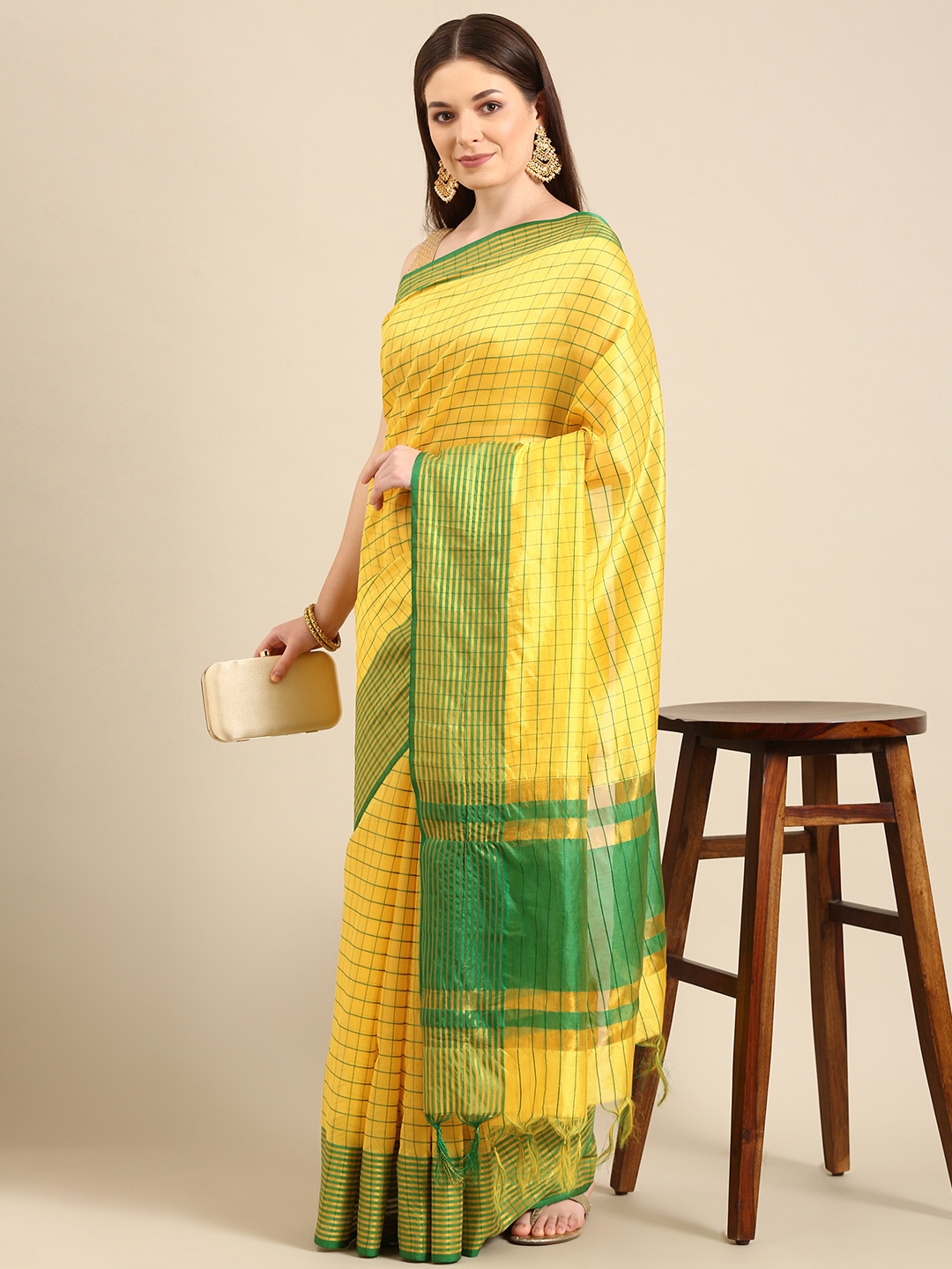 

Anouk Yellow & Green Checked Zari Chanderi Saree