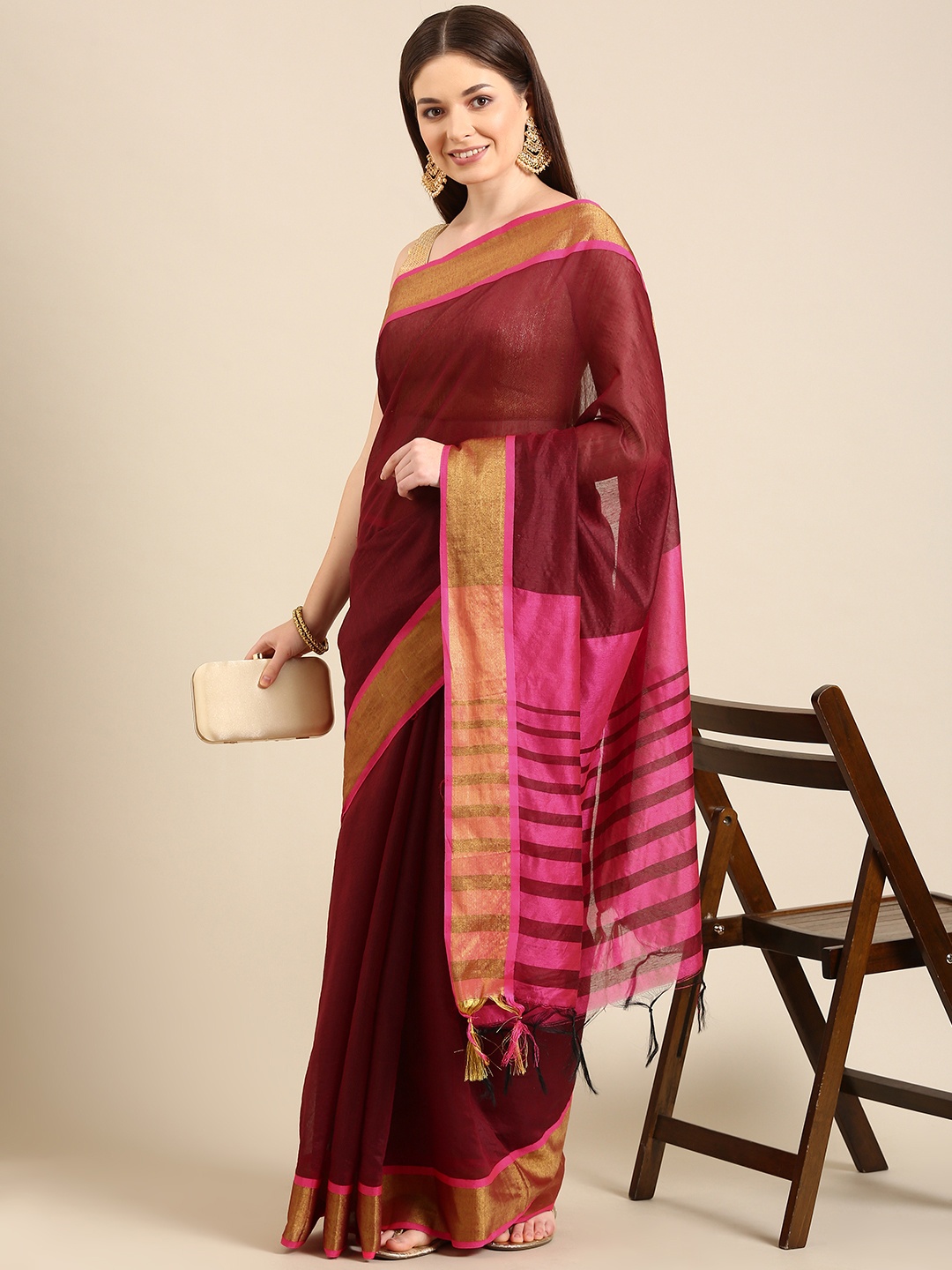 

Anouk Maroon & Pink Chanderi Saree