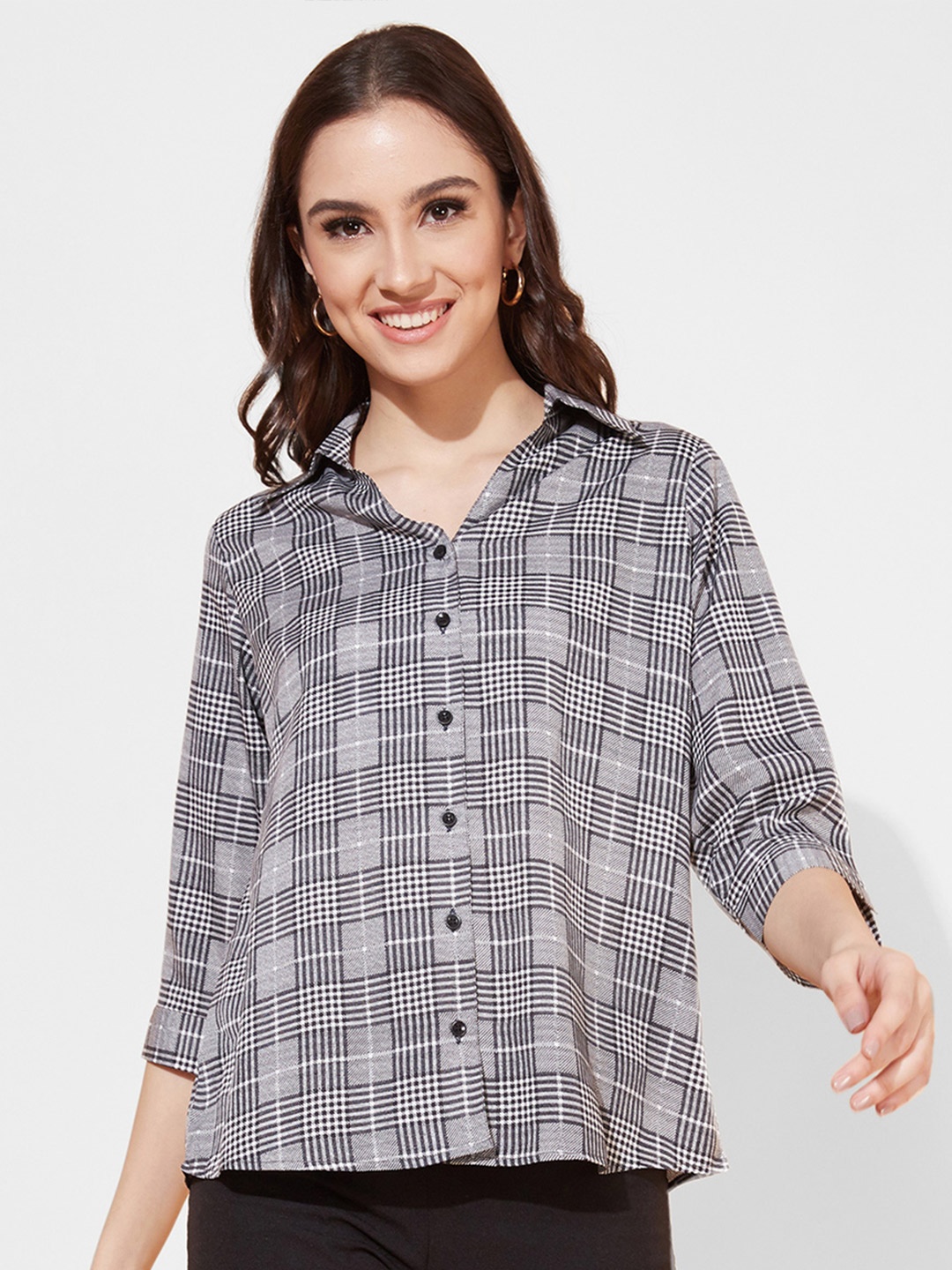 

Selvia Women Grey & White Checked Spread Collar Casual Shirt