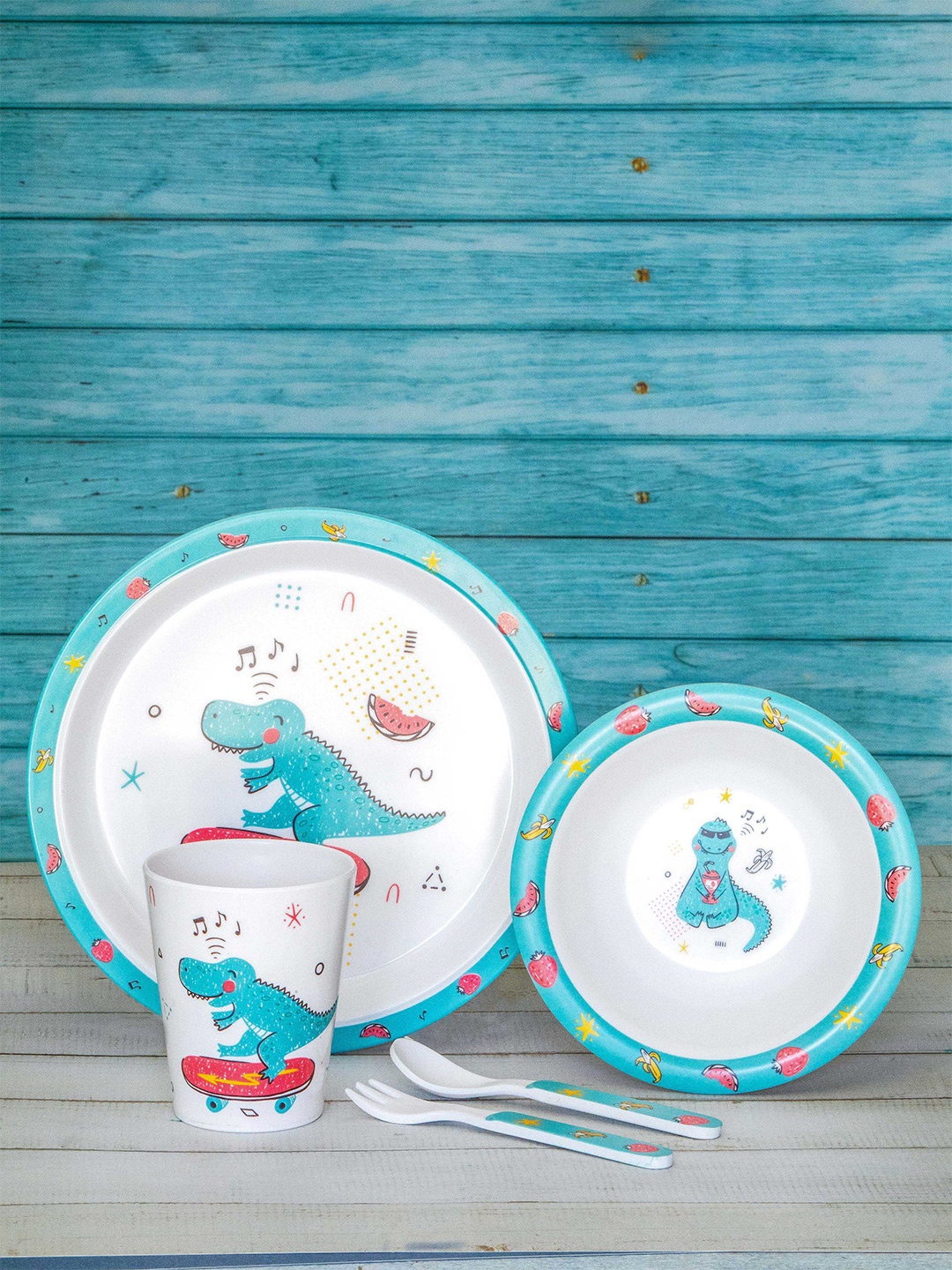 

Stehlen White & Blue 5 Pieces Text or Slogans Printed Melamine Glossy Dinner Set