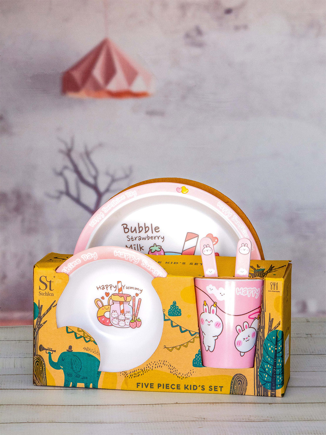 

Stehlen Set Of 5 White & Pink Printed Dishwasher Safe Melamine Glossy Dinner Set